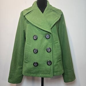 Merona Women's Y2k Green Wool Blend Button Down Pea Coat Medium